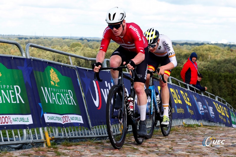 2023 UEC Road European Championships - Drenthe - Under 23 Men's Road Race - Coevorden - Col Du VAM 108 km - 22/09/2023 - Henrik Pedersen (Denmark) - Ivan Romeo (Spain) - photo Luca Bettini/SprintCyclingAgency?2023